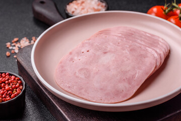 Sliced ham, meat or pork sausage for sandwiches. Cooked smoked prosciutto, ham