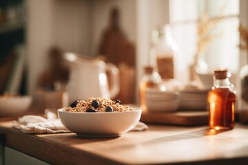 Enjoying a delicious breakfast bowl with granola and berries in a cozy kitchen setting during morning light