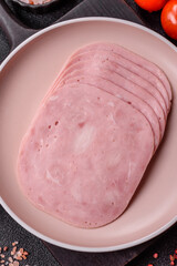 Sliced ham, meat or pork sausage for sandwiches. Cooked smoked prosciutto, ham