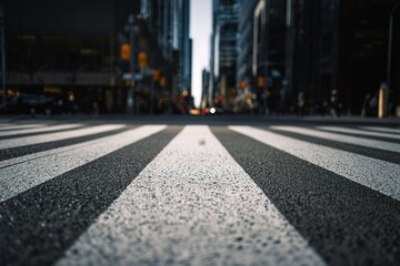 Busy urban crosswalk with modern buildings and city traffic on a clear day in the afternoon