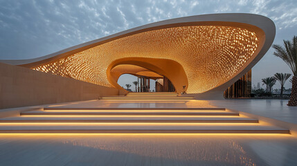 Illuminated architecture with steps leading to a modern building with intricate design and palm trees