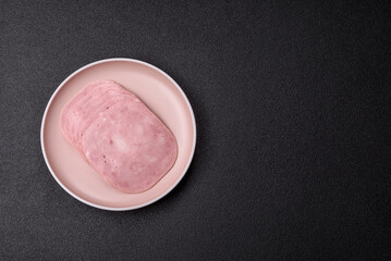 Sliced ham, meat or pork sausage for sandwiches. Cooked smoked prosciutto, ham