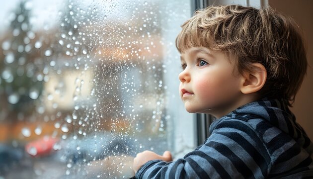 A young child gazes thoughtfully out a window on a rainy day.