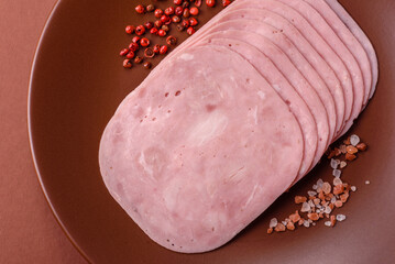Sliced ham, meat or pork sausage for sandwiches. Cooked smoked prosciutto, ham