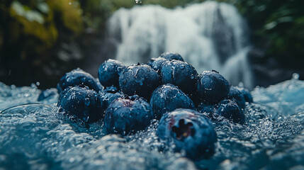 A close up of blueberries with water droplets and a blurred waterfall in the background outdoors