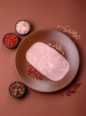 Sliced ham, meat or pork sausage for sandwiches. Cooked smoked prosciutto, ham