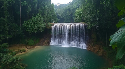 A scenic view of a waterfall cascading into a turquoise pool surrounded by lush green vegetation