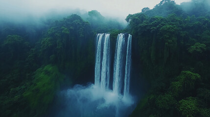 A scenic view of a tall waterfall cascading down a lush green forest in a misty and cloudy atmosphere