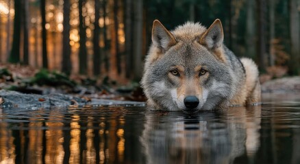 Fototapeta premium Wolf Standing in Water With Forest Background, Depicting Wildlife Conservation and Environmental Stewardship in Natural Habitat : Generative AI