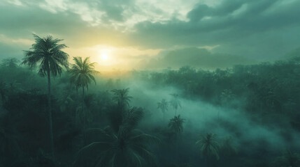 Palm trees and dense fog at sunset creating a tropical and mysterious landscape aerial view scene