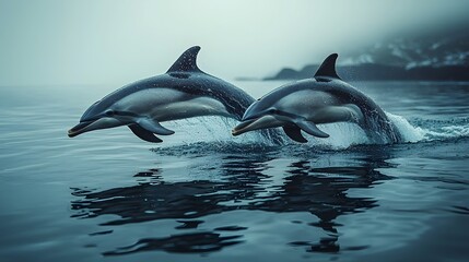 Obraz premium Two dolphins leaping in synchronized motion with mirrored reflections on the water s surface