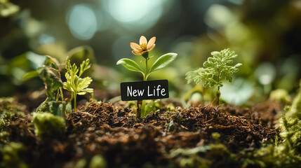 Small flower with new life sign growing in soil with other green plants in blurred background view