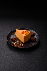 A slice of yellow cheesecake cake flavored with lemon and passion fruit