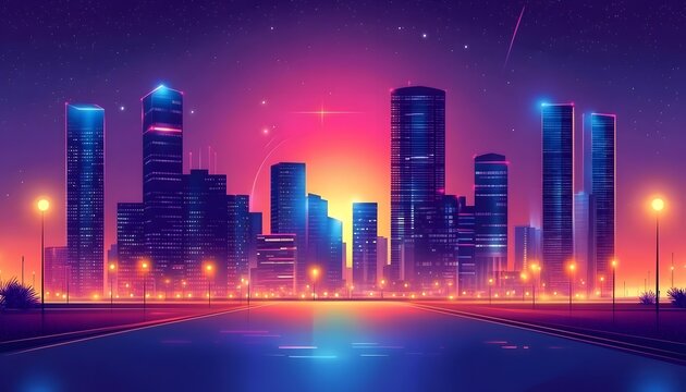 A vibrant city skyline at dusk, illuminated by neon lights. - Powered by Adobe