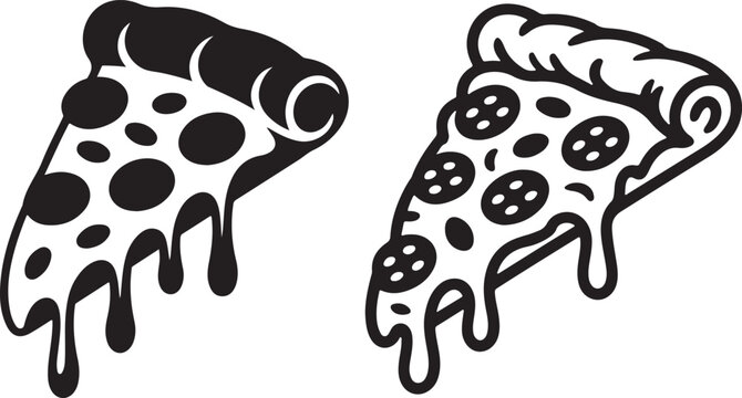 Black and white pizza slice graphic set with silhouette and outline line art