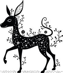 Floral deer silhouette isolated on white background.