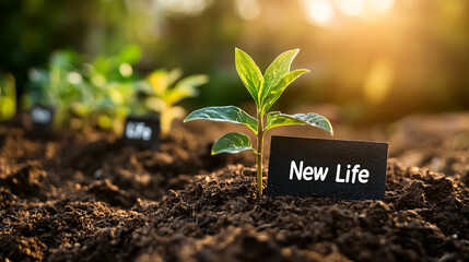 Close up of a seedling with a new life sign in a garden under sunlight, growing in rich soil outdoors