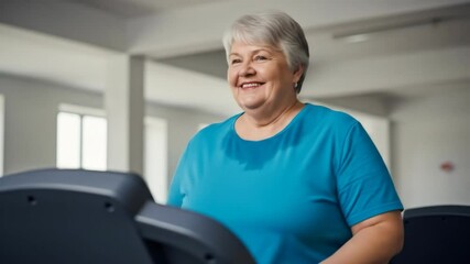 Senior caucasian woman jogging on treadmill in gym, sweating and smiling, concept of healthy lifestyle and fitness footage. - Powered by Adobe