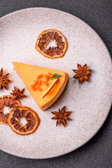 A slice of yellow cheesecake cake flavored with lemon and passion fruit
