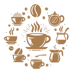 Coffee cups and beans icons silhouette vector