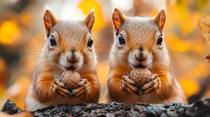 Identical twin squirrels holding acorns on a tree branch