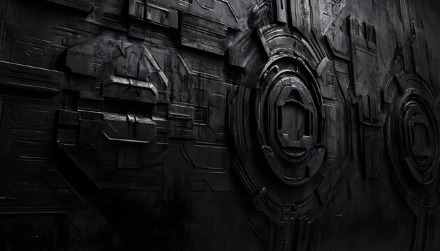 Detailed, intricate, dark metallic paneling with complex geometric patterns.