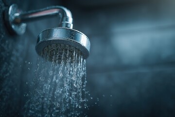 Shower head releasing water in a modern bathroom setting during morning routine