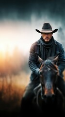 Fototapeta premium Cowboy riding horse in misty landscape at dawn during a serene outdoor adventure