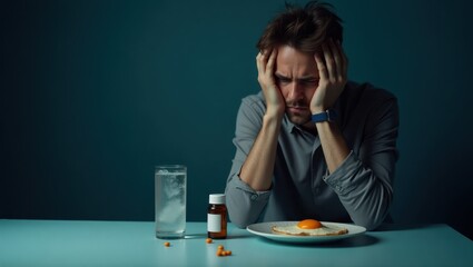 High-realism close-up of a hungover man at a table, head in hand, disheveled hair, and a furrowed brow. His expression shows clear fatigue and discomfort, capturing the aftermath of a rough night.