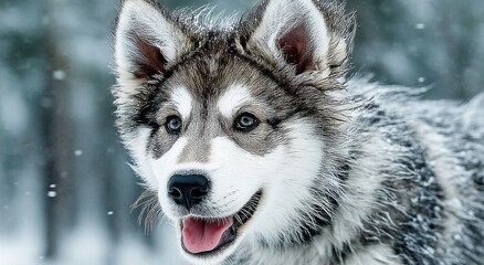 Fototapeta premium Close-Up of a Young Alaskan Malamute Puppy in Winter Snow, Capturing Canine Joy and Pet Adoption : Generative AI