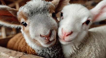Close-Up of Two Lambs Together, Symbolizing Friendship and Farm Animal Welfare, Perfect for Agricultural Marketing and Children's Education Campaigns : Generative AI