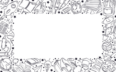Frame with doodle drawings on the topic of education. Horizontal, monochrome colors, copy space.