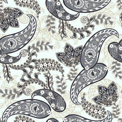 Paisley vector seamless design featuring stunning flowers and leaves in a batik-inspired style. Vintage backdrop