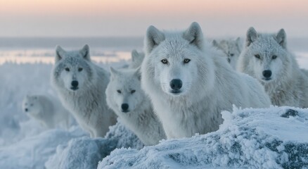 Obraz premium Arctic Wolves Standing Together in Snowy Wilderness, Illustrating Wildlife Conservation and Environmental Awareness in the Animal Kingdom : Generative AI