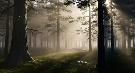 Naklejka premium Sunbeams Piercing Through Misty Forest A Serene Nature Photography