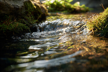 Fototapeta premium The flowing water in a small stream, with sunlight shining on it. The stream flows slowly and gently through an outdoor environment, creating beautiful ripples on its surface