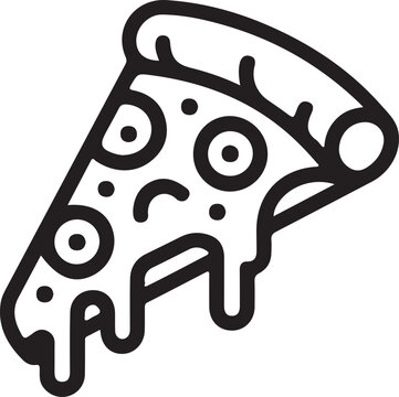 Minimalist black and white pizza slice outline line art icon with dripping cheese
