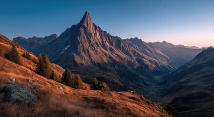 Obraz premium Majestic Mountain Peak at Sunrise Over Valley, Representing Adventure and Outdoor Tourism, Inspiring Exploration and Discovery : Generative AI