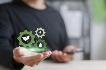Sustainable business concept. Eco-friendly practices, Renewable energy, Water conservation, Plant...