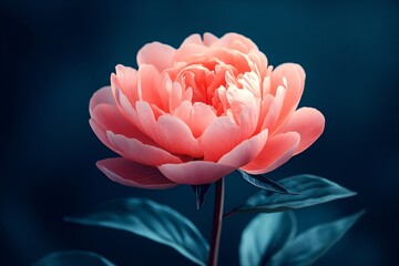 Beautiful pink peony flower in bloom with dark background. Botanical blossom showing delicate petals. Floral display for nature concept.