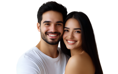  A man in a white t-shirt is smiling and holding his wife, who has long black hair, against a transparent background (2)