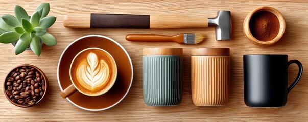 Flat lay of coffee essentials and tools arranged on natural wooden background