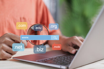 DNS domain name system and web server network system concept. Domain registration, website name,...