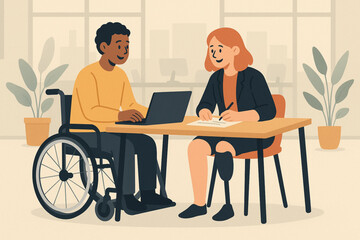 Fototapeta premium Two men with disabilities working at desk – wheelchair user and man with prosthetic leg, clean indoor vector