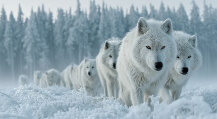 Fototapeta premium Pack of Arctic Wolves Walking Through Snowy Forest in Winter, Representing Wilderness Conservation and Wildlife Protection : Generative AI