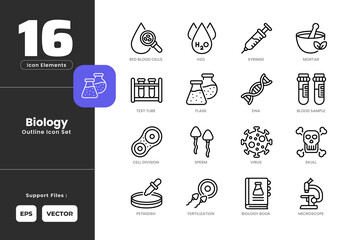 Biology Icon Set Collection with Outline or Line Art Style. Including Biology, Book, Blood, Sample, Cell, Division, DNA, Fertilization, Flask, H2O, Microscope, Mortar, Petridish, Red, Skull, Sperm.