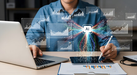 Business Analyst Using AI Technology with Data Visualization – Person Interacting with Tablet and Laptop, Artificial Intelligence Graphs and Charts Concept