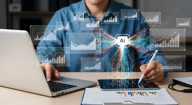 Business Analyst Using AI Technology with Data Visualization – Person Interacting with Tablet and Laptop, Artificial Intelligence Graphs and Charts Concept
