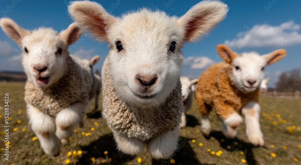 Poster lambs running in a field of dandelions under a blue sky, symbolizing springtime joy and agricultural