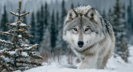 Fototapeta premium Gray Wolf Walking Through Snowy Winter Forest With Pine Tree, Symbolizing Wildlife Conservation and Environmental Awareness in Nature Photography : Generative AI
